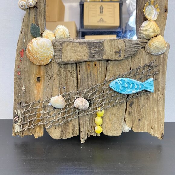 Wall Hanging Driftwood Nautical Mirror, Fish and Shells, Handmade Driftwood Mirr - Picture 2 of 10